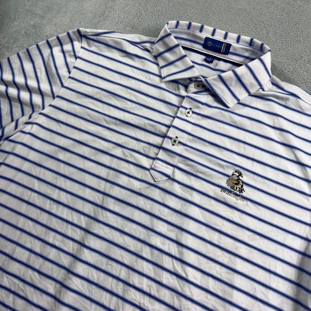 Stitch Golf Mens Large Polo Shirt White Striped TwinEagles Logo Short Sleeve L